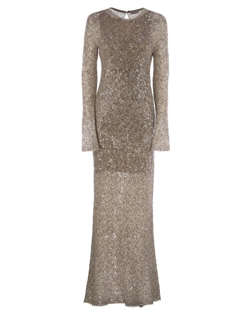 Brunello Cucinelli Natural Dazzling Net Embroidery Knit Dress