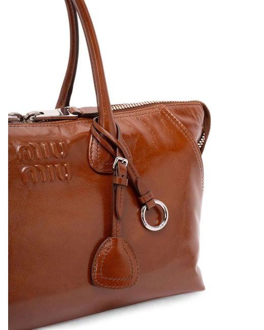 Miu Miu Brown Logo-Embossed Leather Tote Bag