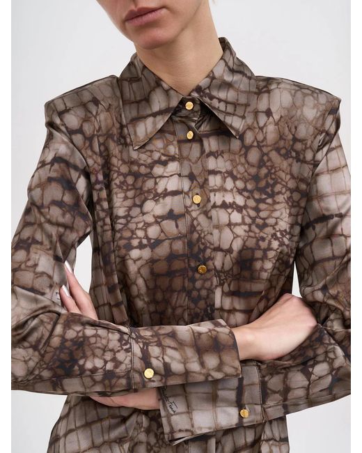 Elisabetta Franchi Brown Satin Shirt With Alligator Print