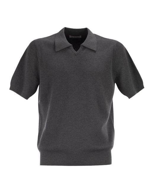 Brunello Cucinelli Black Cotton Rib Knit Polo Shirt for men
