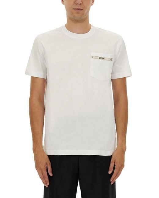 Moschino White T-Shirt With Logo Ribbon for men