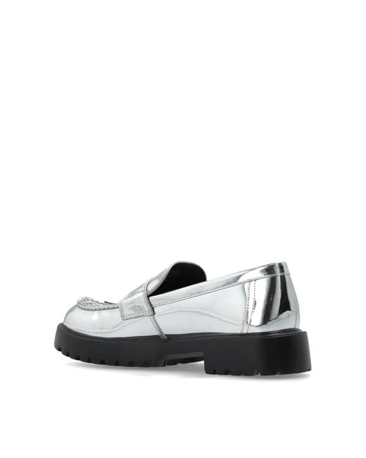 Tory Burch White Mirrored Metallic Classic Logo Lug Loafers
