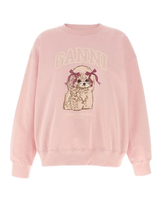 Ganni Pink Front Print Sweatshirt