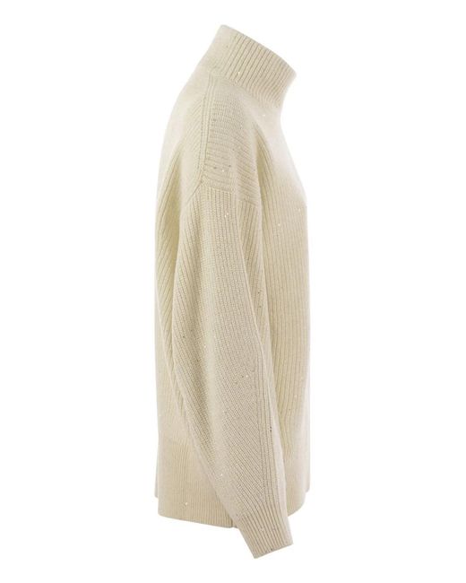 Brunello Cucinelli Natural Wool And Cashmere Rib Sweater With Sequins
