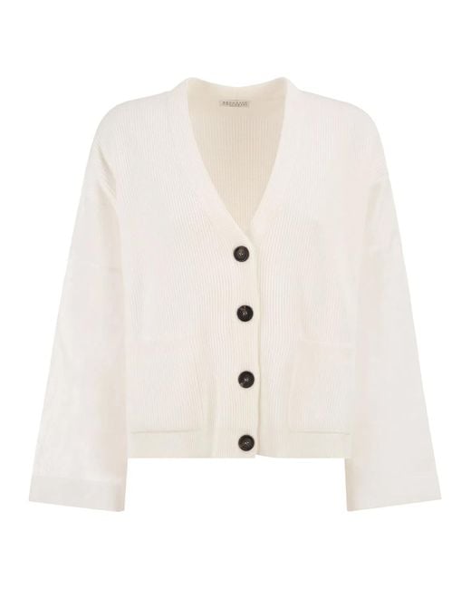 Brunello Cucinelli White Ribbed Cardigan With Organza Sleeves