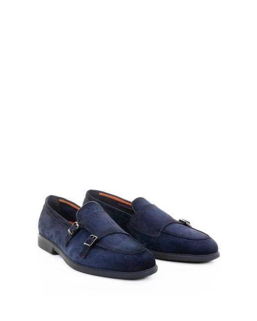 Santoni Blue Double Buckle Suede Moccasin for men