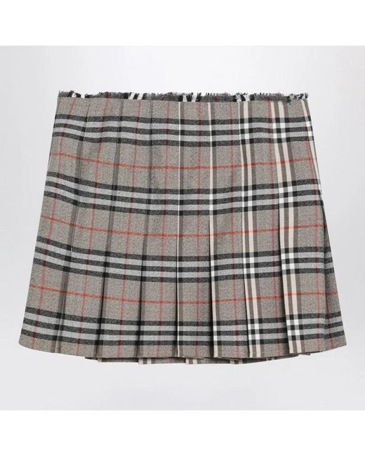 Burberry Gray Wool Kilt Skirt With Check Pattern