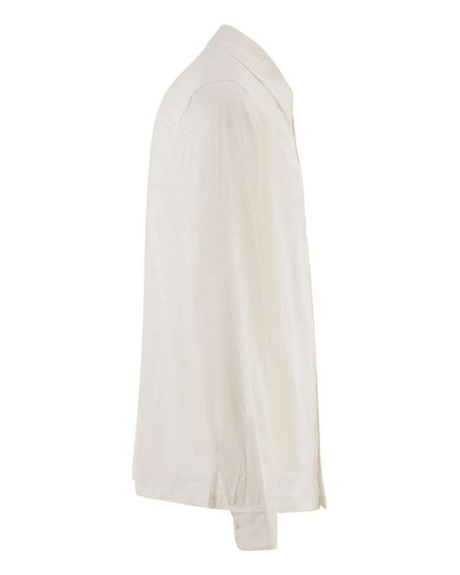 Majestic White Stretch Linen Shirt With Front Button Fastening for men
