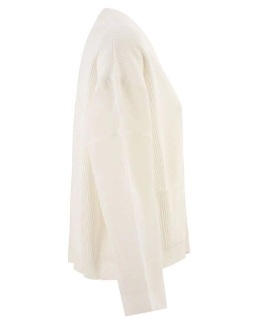 Brunello Cucinelli White Ribbed Cardigan With Organza Sleeves
