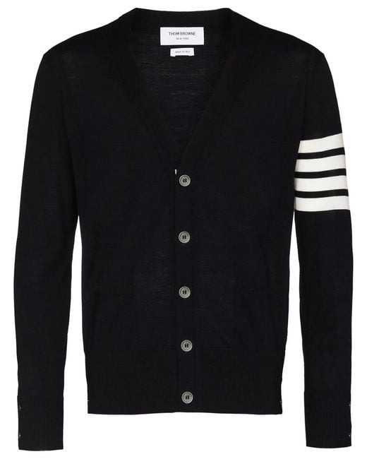 Thom Browne Black Cardigan Laine Mérinos Gris Chiné Col V Bandes Manche for men