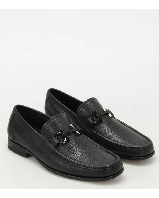 Ferragamo Black Leather Grandioso Gancini Flat Shoes for men
