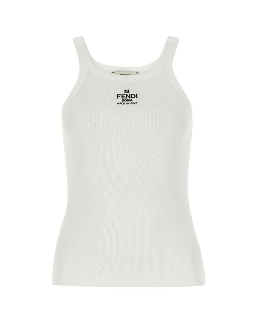 Fendi White Cotton Rib Sleeveless Top