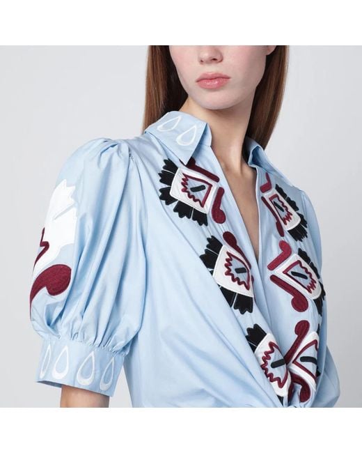 Farm Rio Blue Light Embroidered Long Dress With Bow
