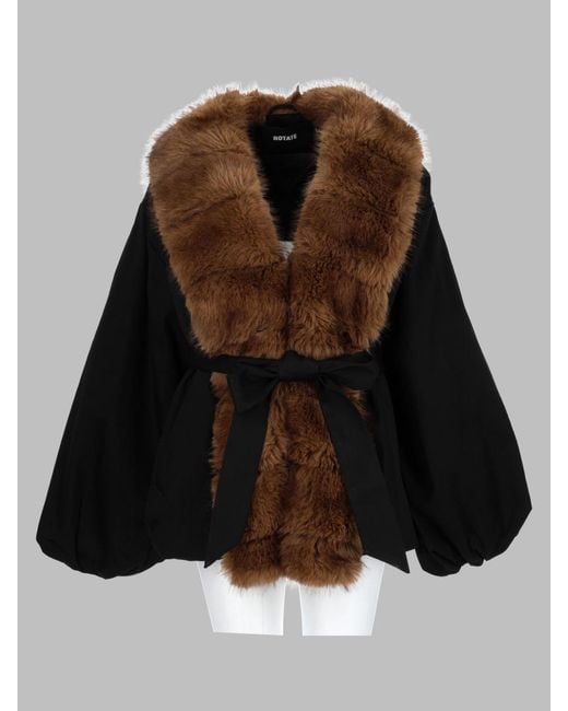 ROTATE BIRGER CHRISTENSEN Black Voluminous Fur Collar Belted Casual Jacket