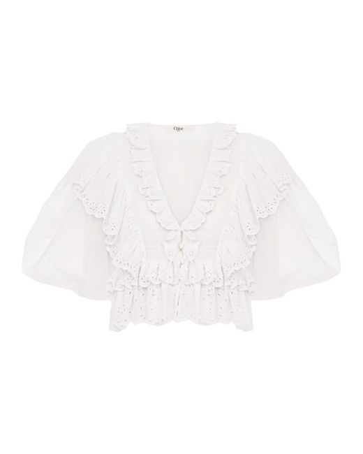 Chloé White Crop Ruffle Top