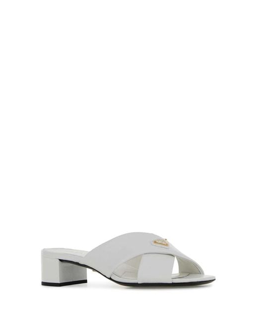 Prada White Leather Flat Sandals With 3.5 Cm Heel