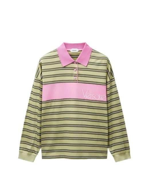 Versace Green Striped Cotton Polo Shirt With Inlay