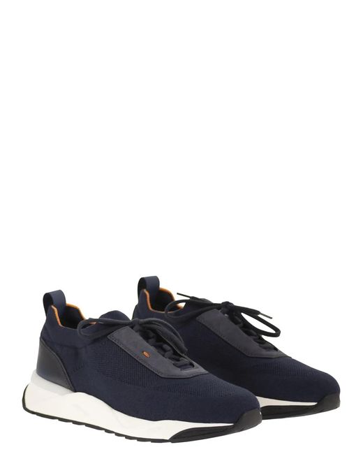 Santoni Blue Textile And Leather Trainers With Raised Sole for men