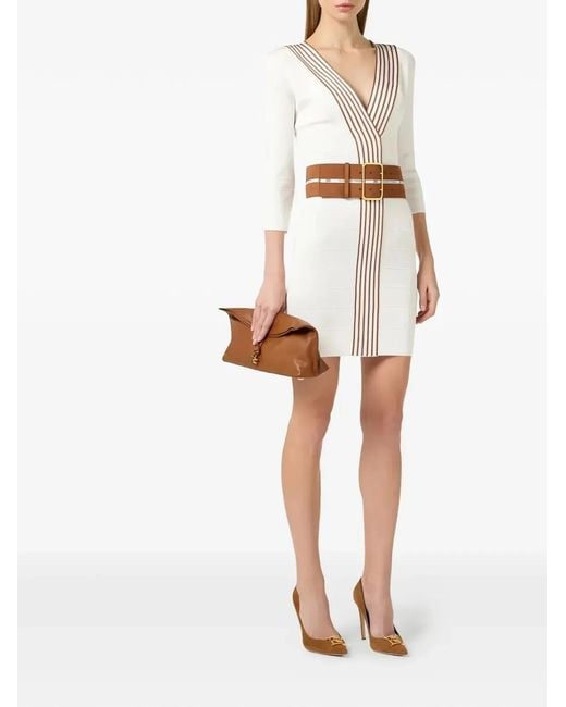 Elisabetta Franchi White Knit Fabric Dress With Striped Bands