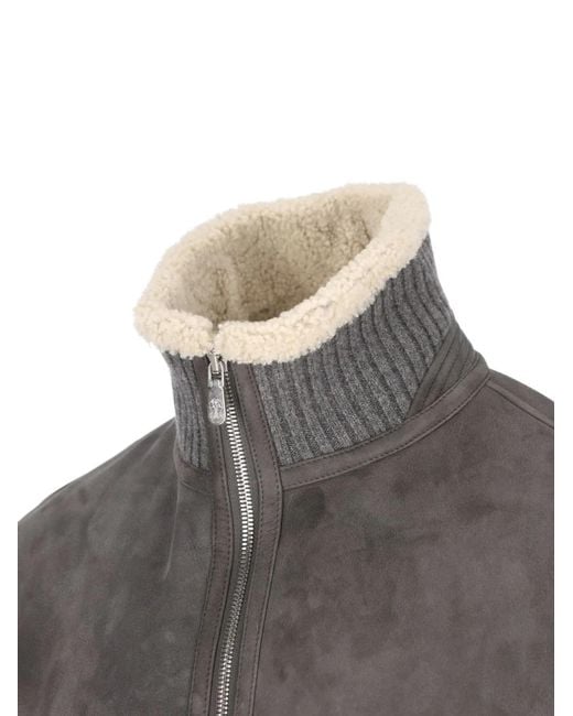 Brunello Cucinelli Black Shearling Jacket Featuring A Ribbed High Neck And Front Zip Fastening for men