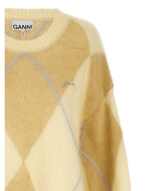 Ganni Yellow Logo Embroidery Diamond Sweater