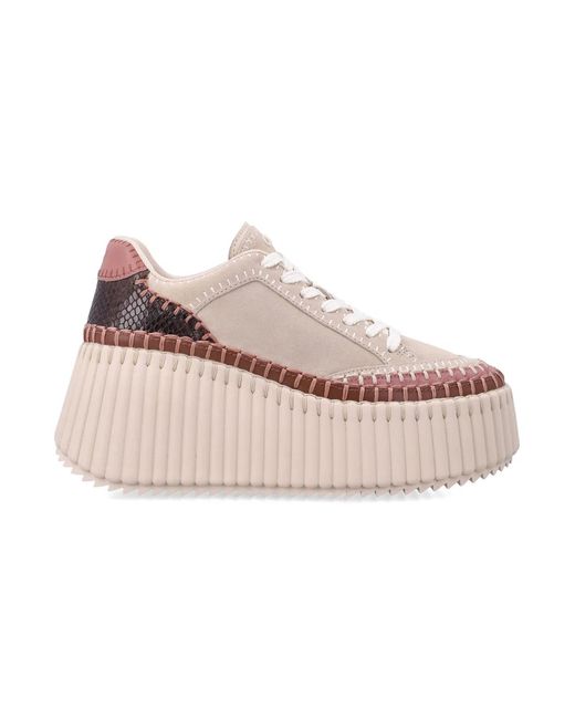 Chloé Pink Nama Wedge Sneaker With Embossed Leather Inserts & 8 Cm Heel
