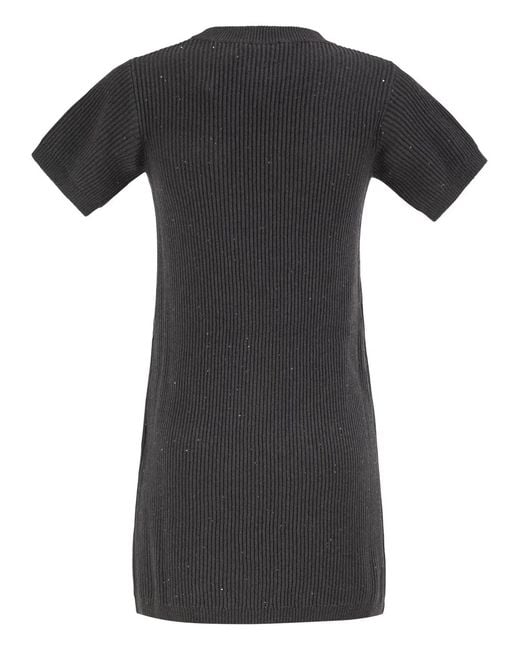 Brunello Cucinelli Black Ribbed Knit Dress With Sequins And Patch Pockets