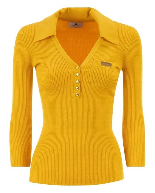 Elisabetta Franchi Yellow Micro-Cable Knit Polo Shirt