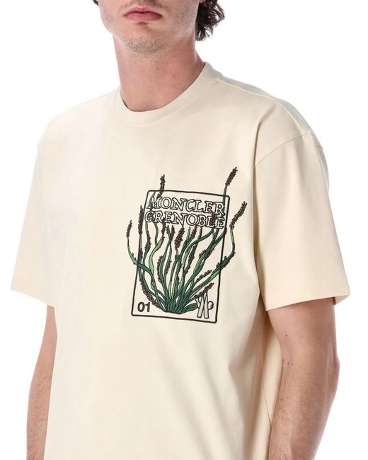 Moncler Natural Embroidered Botanical Cotton T-Shirt for men
