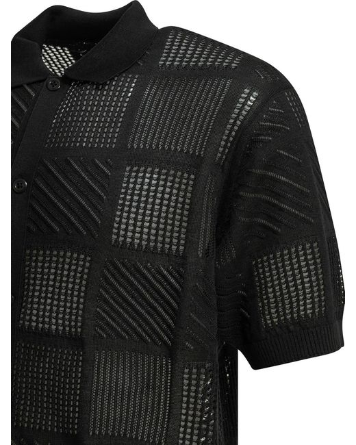 Beams Plus Black Cotton Nylon Spandex Textured Knit Button-Down Polo Shirt for men