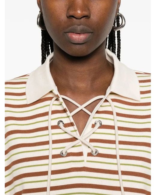 Moncler White Polo Rayé Crop À Lacets Marron Et Vert