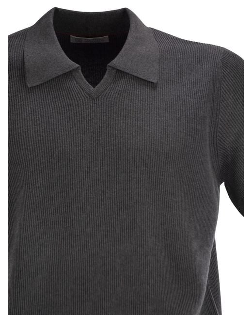 Brunello Cucinelli Black Cotton Rib Knit Polo Shirt for men