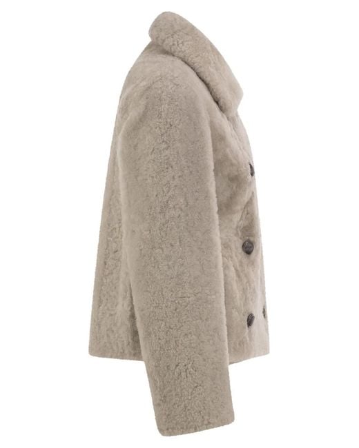 Brunello Cucinelli Natural Double-Breasted Shearling Jacket