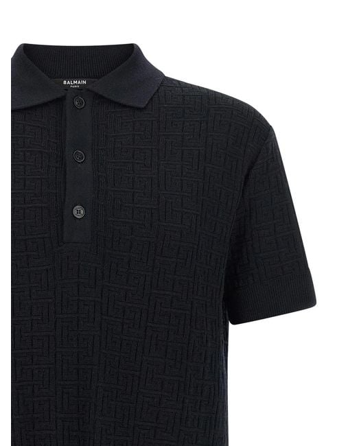 Balmain Black 'Monogram' Knit Polo Shirt for men