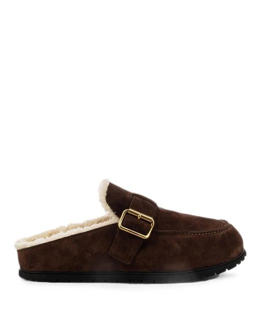 Prada Brown Suede Slippers With Buckle And Sheepskin Lining