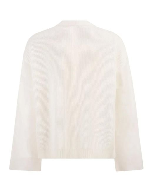 Brunello Cucinelli White Ribbed Cardigan With Organza Sleeves