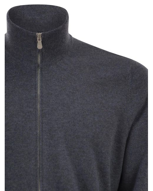 Brunello Cucinelli Blue High-Necked Cashmere Cardigan With Zip for men