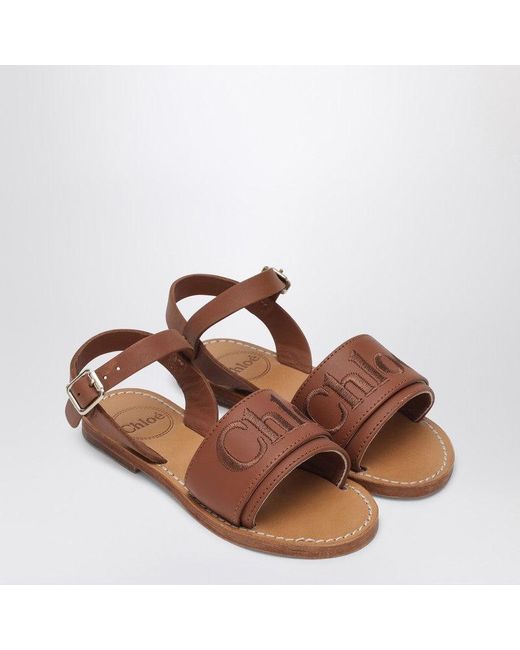 Chloé Brown Leather Sandals With Logo