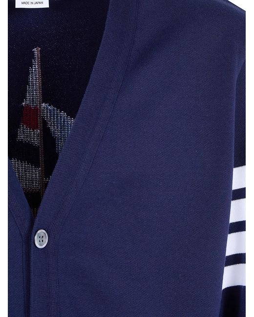 Thom Browne Blue V Neck Cardigan W/ Emb Boat for men