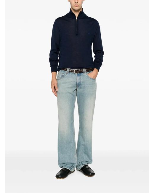 Etro Blue Wool And Silk Zip-Up Sweater With Pegasus Embroidery for men
