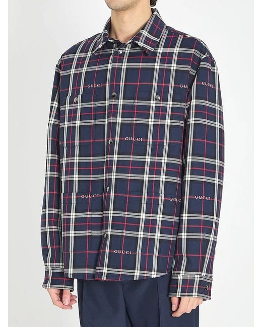 Gucci Blue Embroidered Cotton Shirt for men