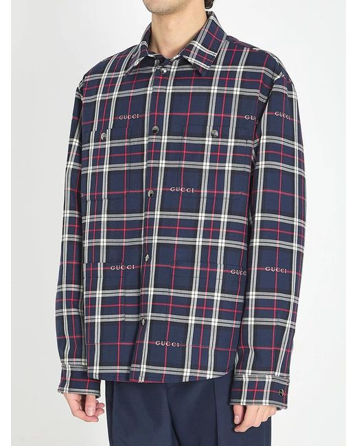Gucci Blue Quilted Jacquard Cotton Tartan Shirt for men