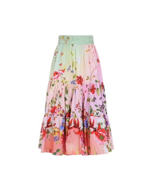 Roberto Cavalli Red Miami Flowers Cotton Midi Skirt