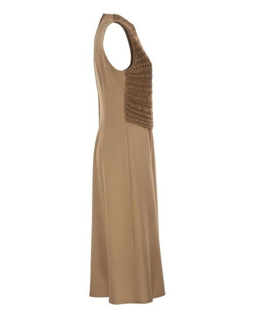 Fabiana Filippi Brown Midi Dress With Crochet Bodice And Fluid Skirt