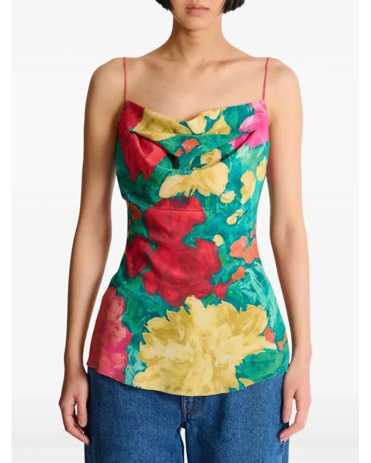Balmain Green Crepe De Chine Top With Roses Print
