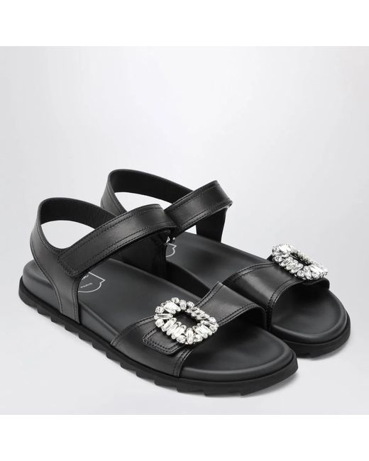 Roger Vivier Black Leather Sandals With Crystal Buckle