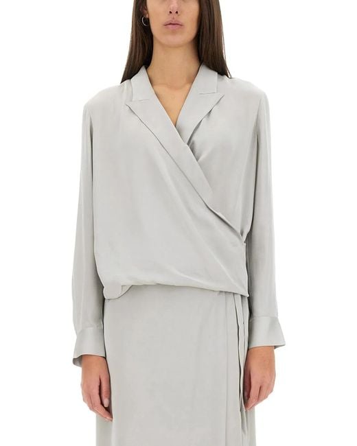 Theory Gray Wrap-Style Silk Shirt