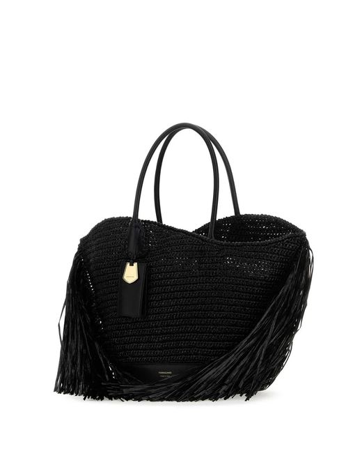 Ferragamo Black Raffia And Leather Big Shopping Bag