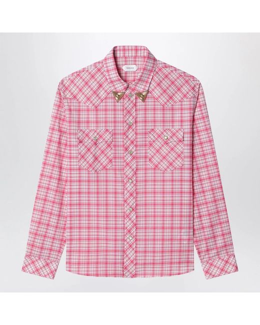 Versace Pink Slim-Fit Cotton Poplin Check Shirt for men
