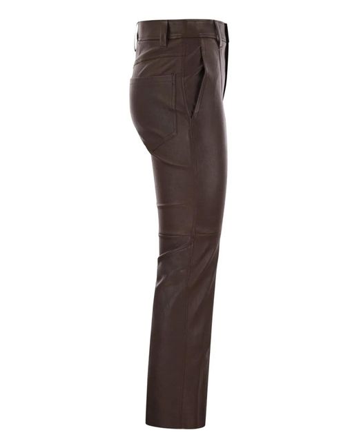 Brunello Cucinelli Brown Stretch Nappa Leather Square Cigarette Trousers With Jewellery
